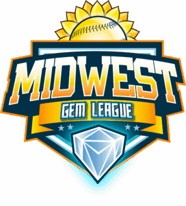 a diamond with the words MIDWEST and Gem League. An outline of a softball is above the wording.